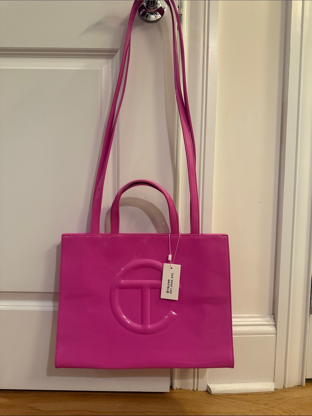 Telfar Medium Hot Pink Patent Tote Bag with Embossed Logo